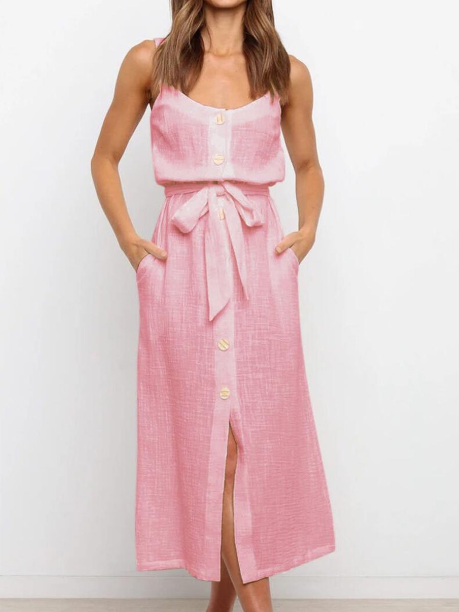 Button Slit Belt Dress
