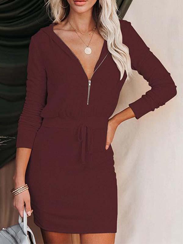 Color Zipper Hooded Dress