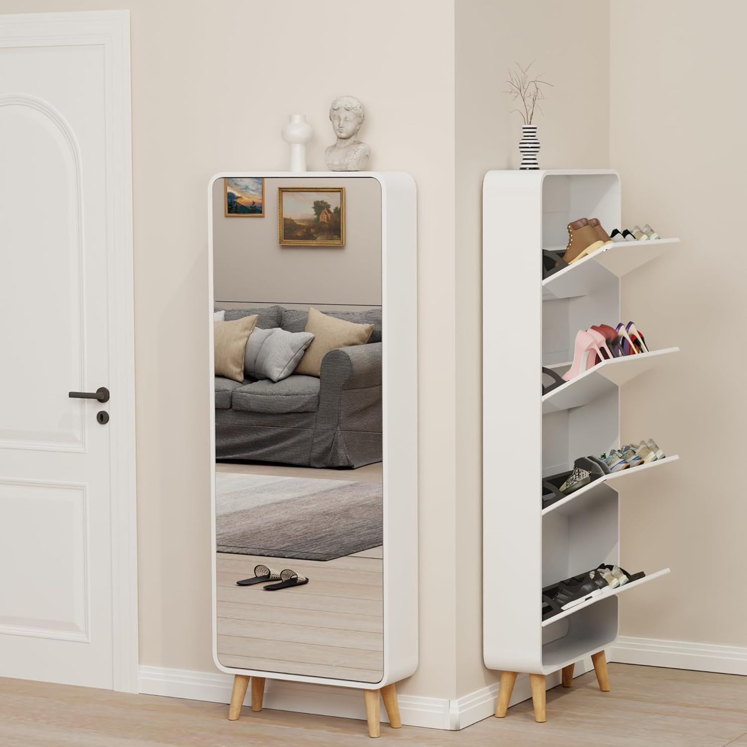 Entrance Shoe Locker, 5 Tier Full Length Mirror Shoe Organizer Wooden Narrow Shoe Cabinet, White Shoe Rack for Front Door Entrance Outdoor
