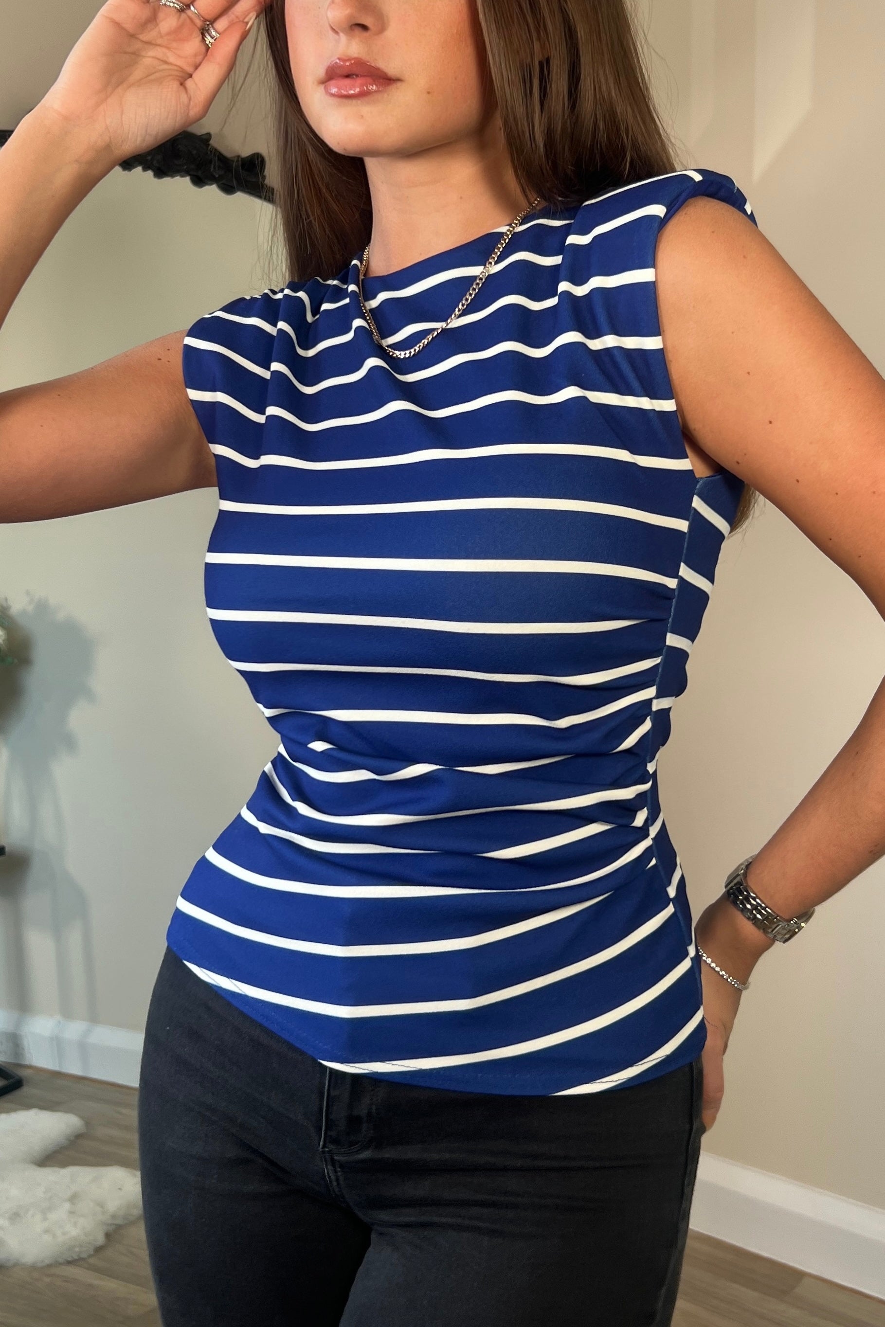 Pari Stripe Ruched Shoulder Pad Top Cobalt