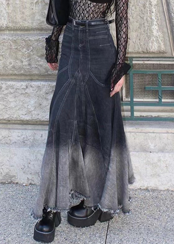Black Zippered High Waist Denim Fishtail Skirt Fall