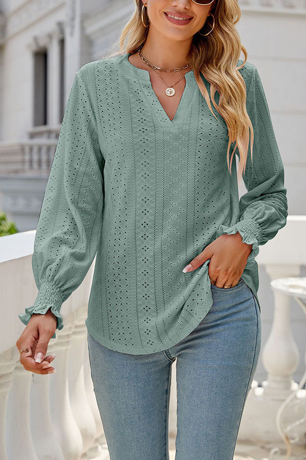 Solid color hollowed out gathered ruffle sleeve V-neck loose long-sleeved top