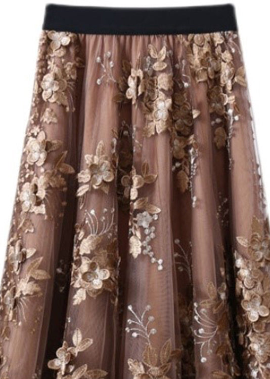 Unique Chocolate Embroidered Floral High Waist Tulle Skirt Summer