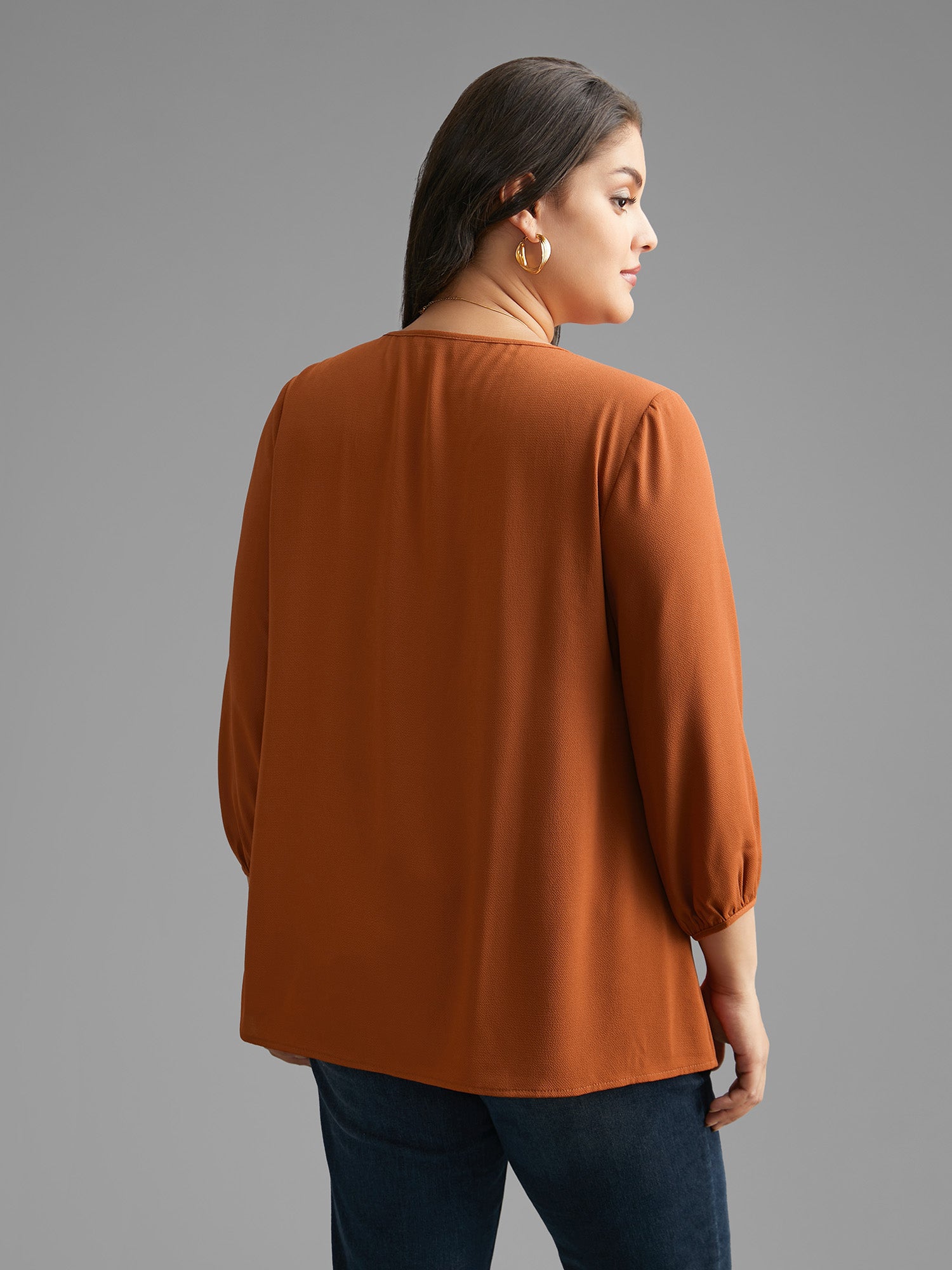 Notched Lace Trim Gathered Blouse