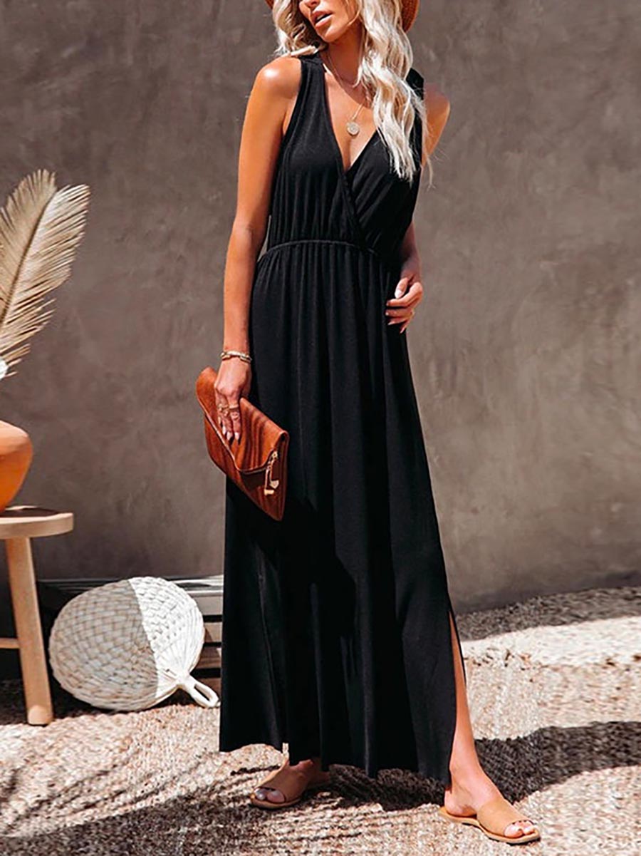 Sleeveless V Neck Side Split Solid Maxi Sundress