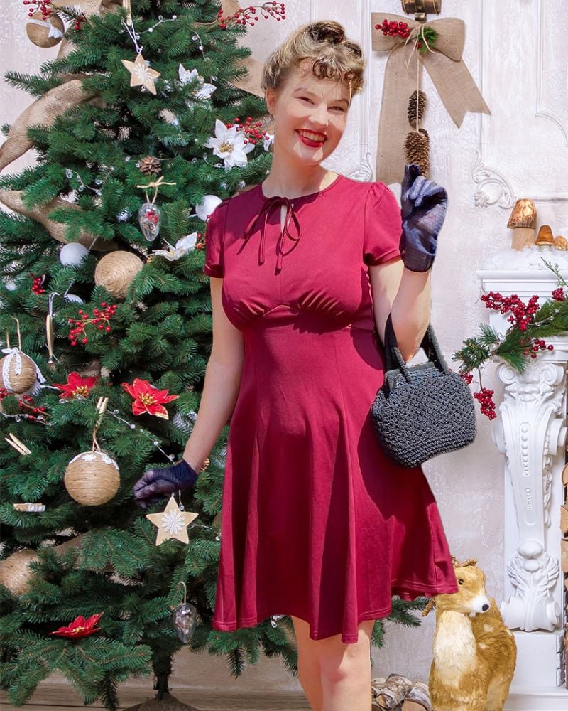 Vintage Daisy Pattern A-Line Swing Dress Keyhole Tie Dress Round Neck Work Dress Tea Dress