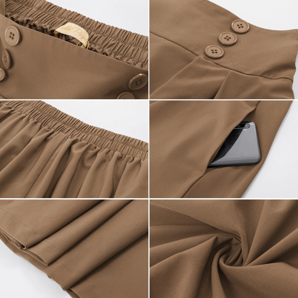 Strawberry Patterns Pleated Buttons Decorated Elastic Waist High Waist Swing A-Line Skirt with Pockets