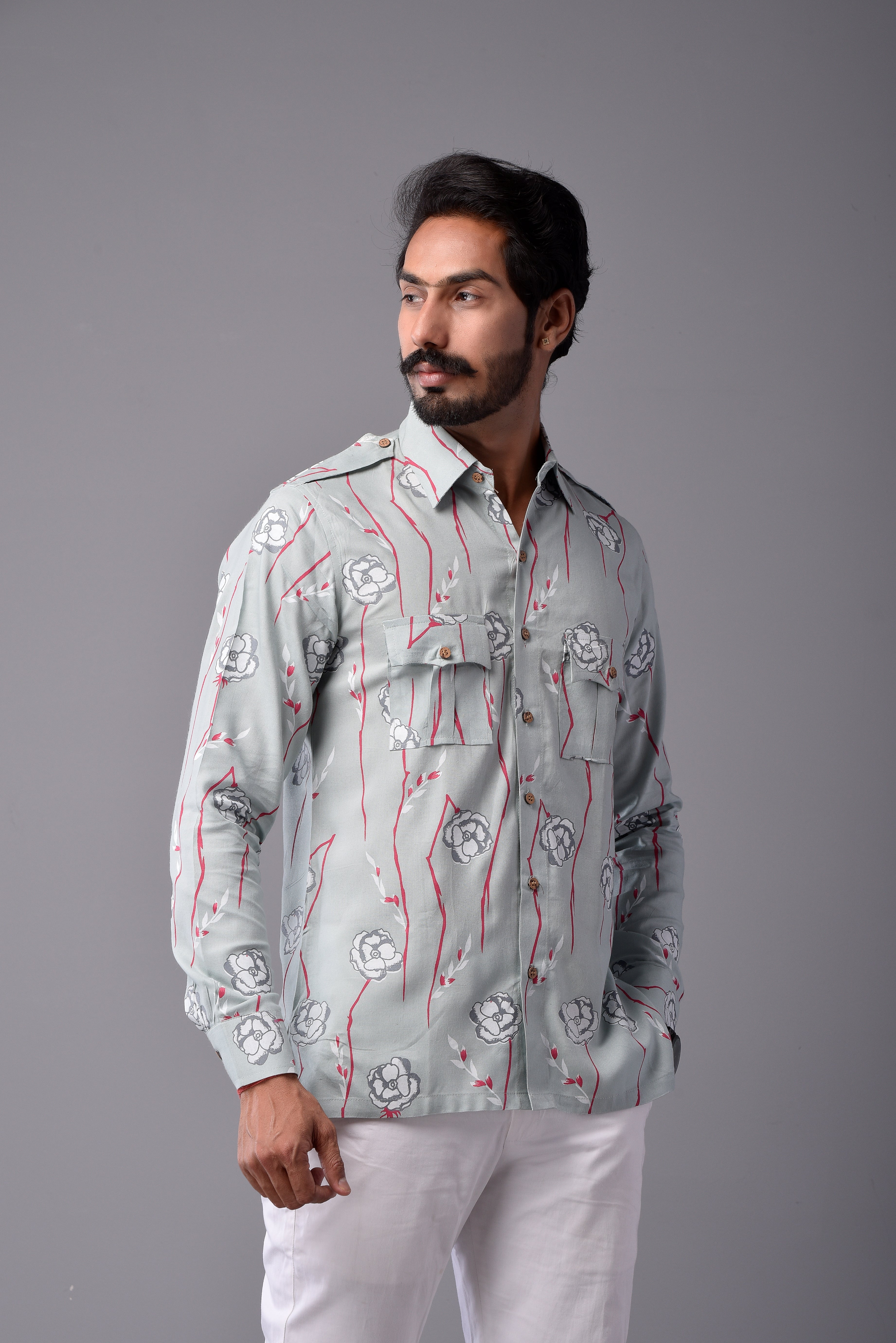 Sanganeri Light Green Hunting Styled Floral Printed Shirt