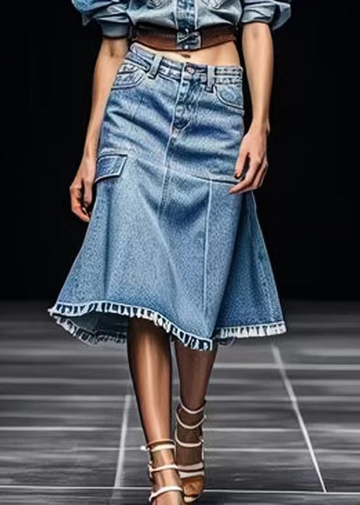 Blue Pockets High Waist Patchwork  Skirt Summer