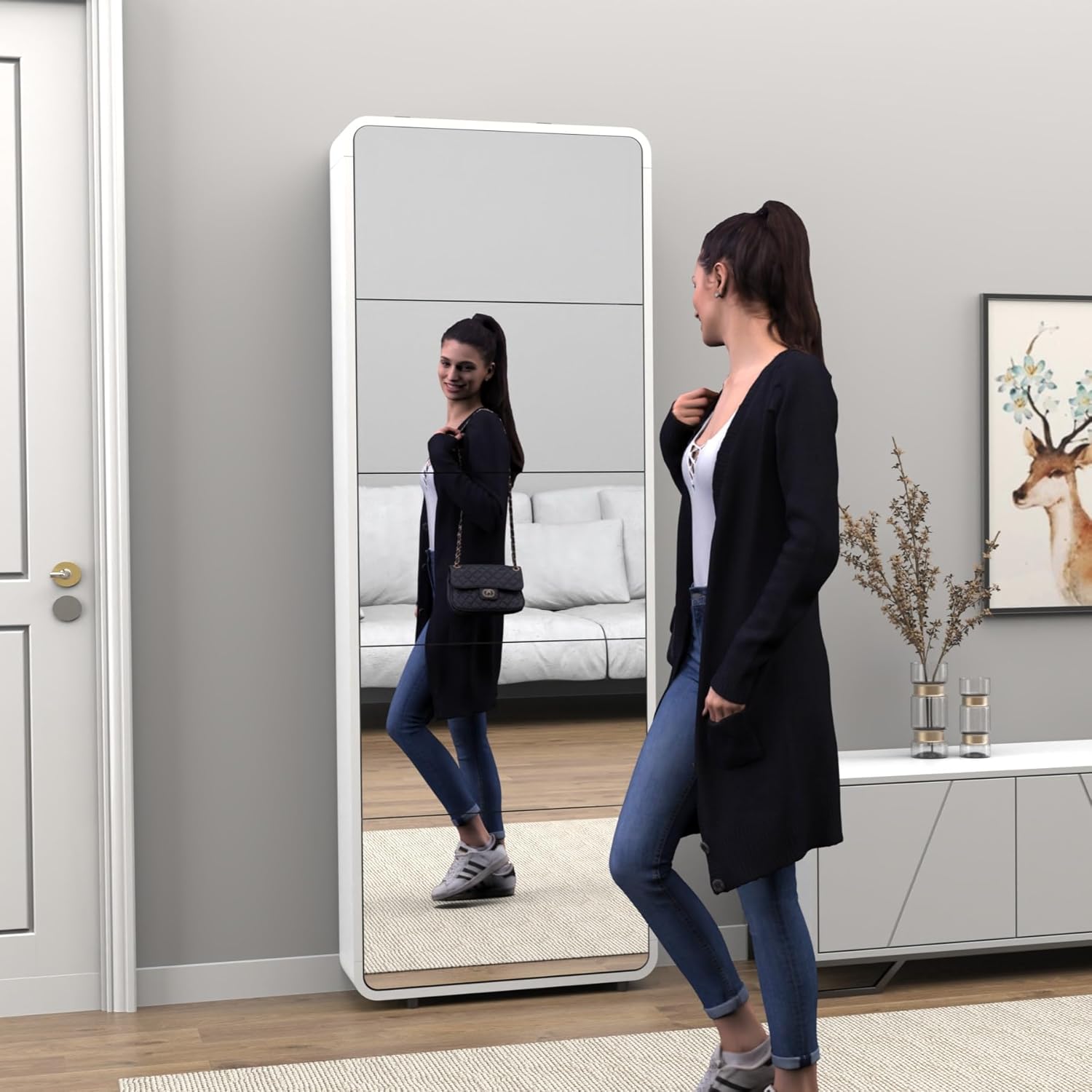 Entrance Shoe Locker, 5 Tier Full Length Mirror Shoe Organizer Wooden Narrow Shoe Cabinet, White Shoe Rack for Front Door Entrance Outdoor