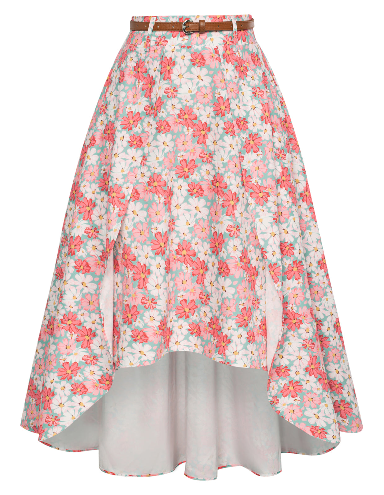 Fruit Patterns High Low A Line Skirts Vintage High Waisted Midi Flowy Skirts with Belt