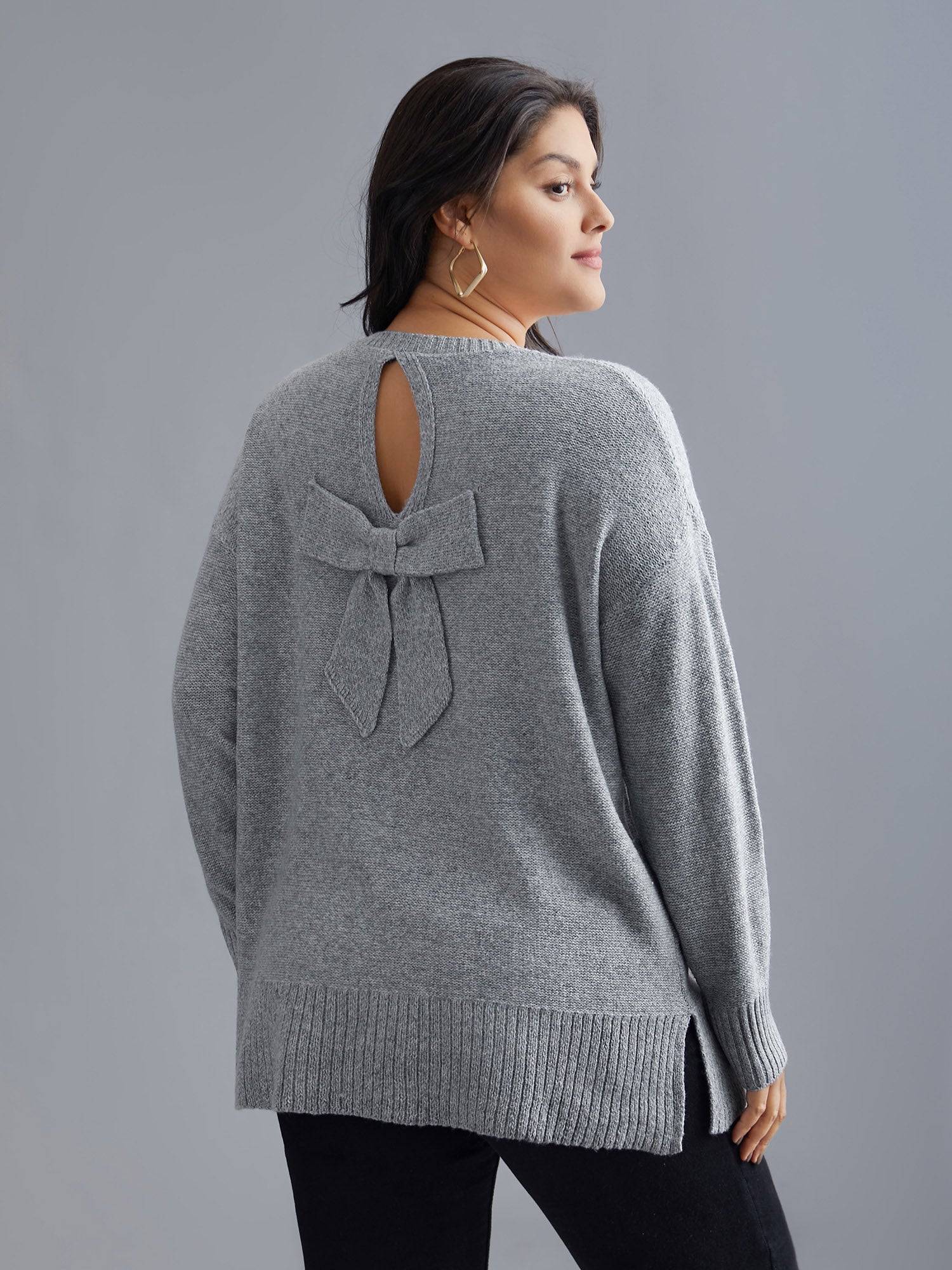 Texture Bowknot Cut Out Slit Hem Pullover