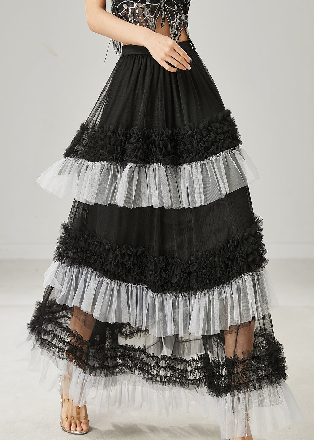 Black Patchwork Tulle Beach Skirt Ruffled Summer