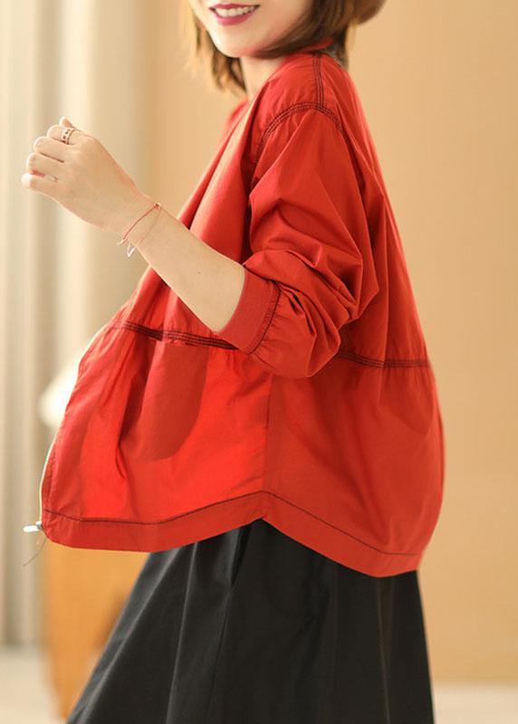 Boutique Red Stand Collar Zippered Pockets Fall Jacket Long Sleeve