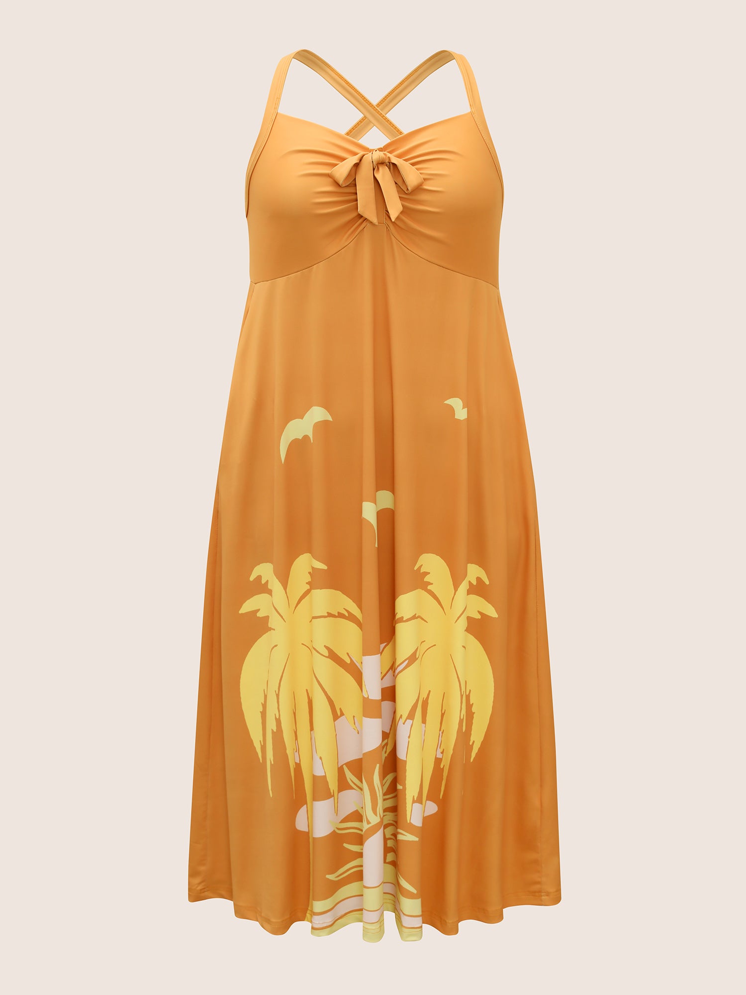 Heart Neckline Tropical Print Tie Knot Midi Dress