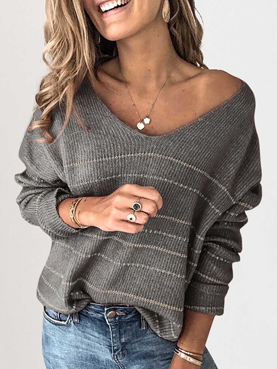 Solid Color Knit Sweater Casual Striped V-Neck Top