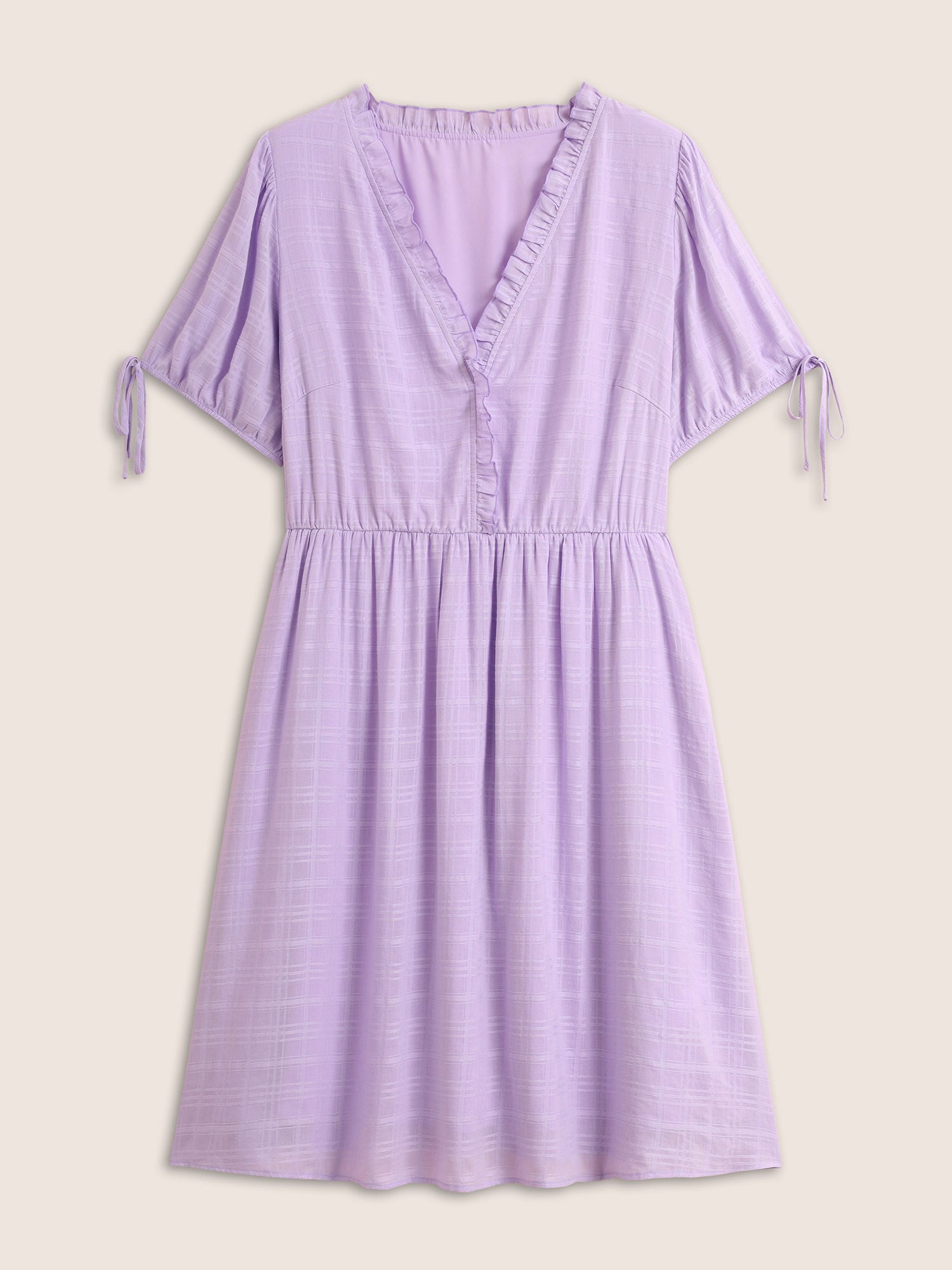 Plaid Drawstring Puff Sleeve Frill Trim Dress