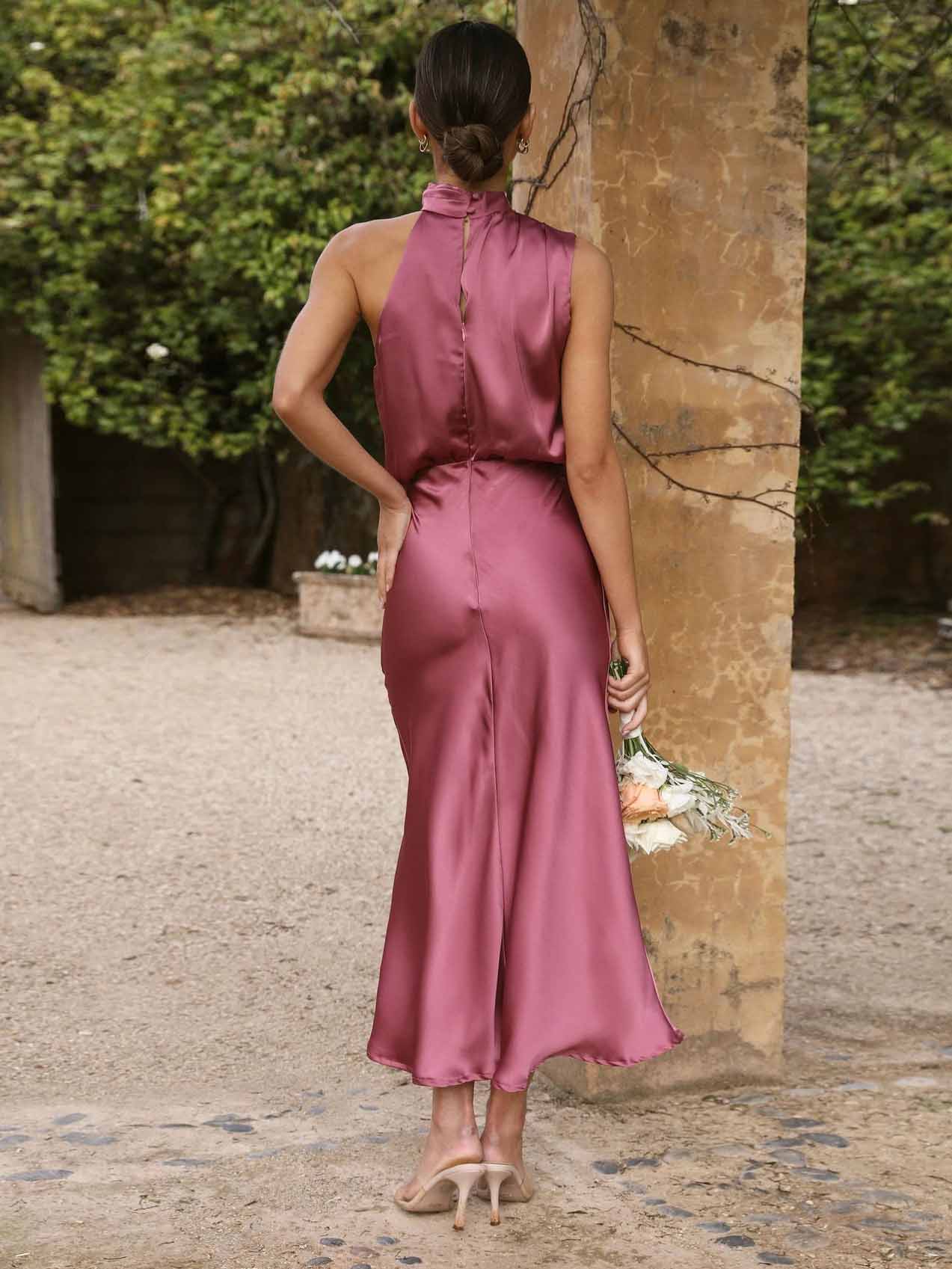 Sleeveless Hanging Neck Solid Color Satin Dress(6 Colors)