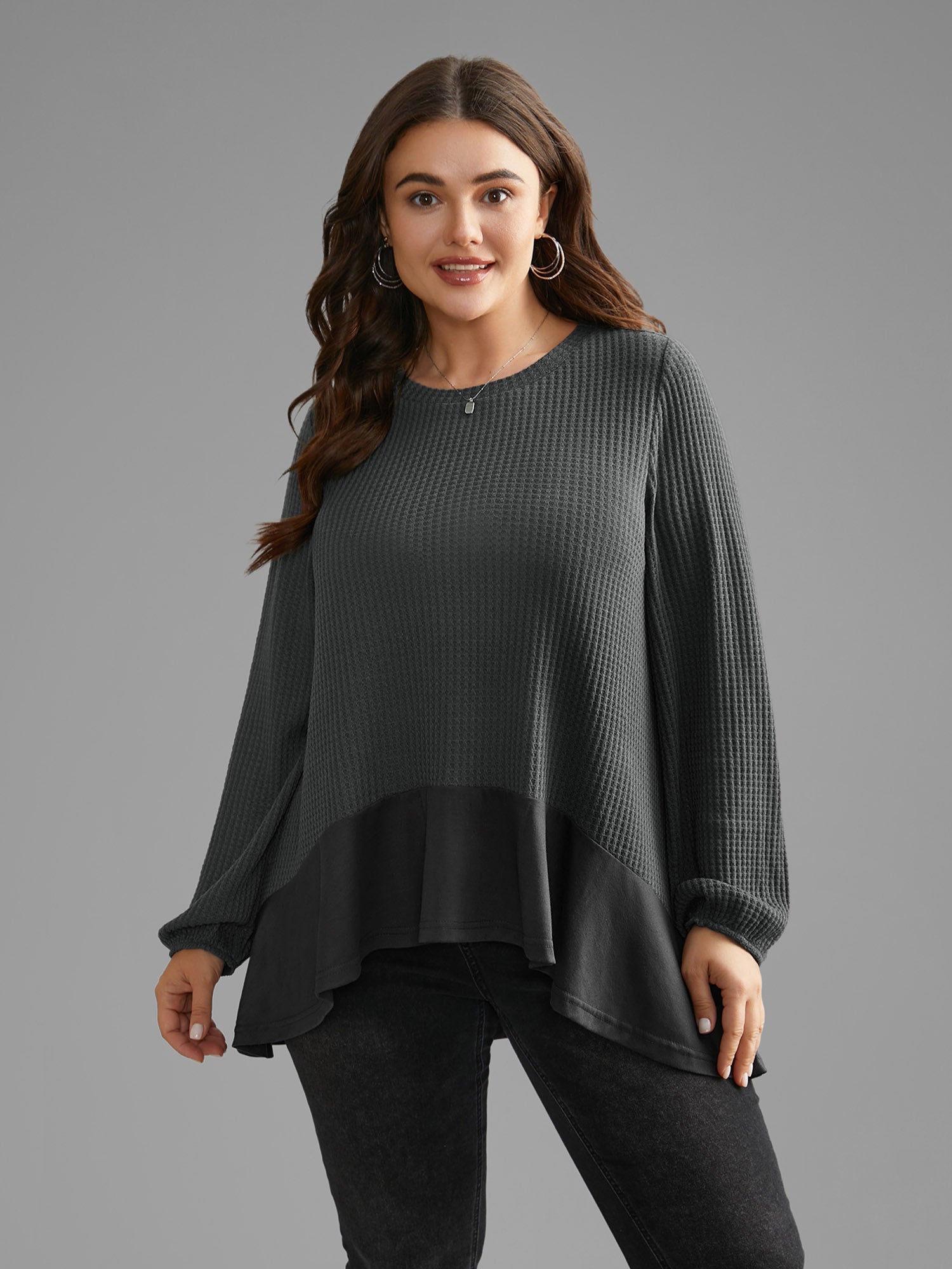 Waffle Knit Patchwork High Low Hem T-shirt