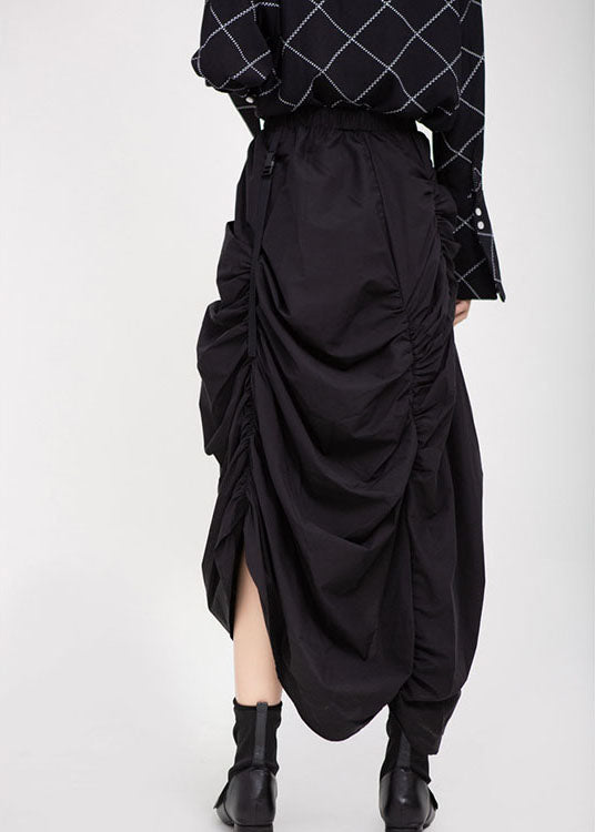 Black Elastic Waist Asymmetrical Design Wrinkled Fall Skirt