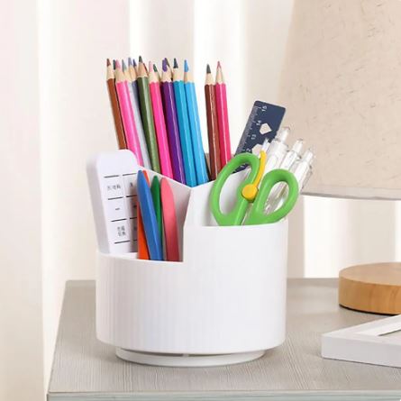 Rotating Pen Holder With Multiple Compartments. Office Home School Storage Box (White)