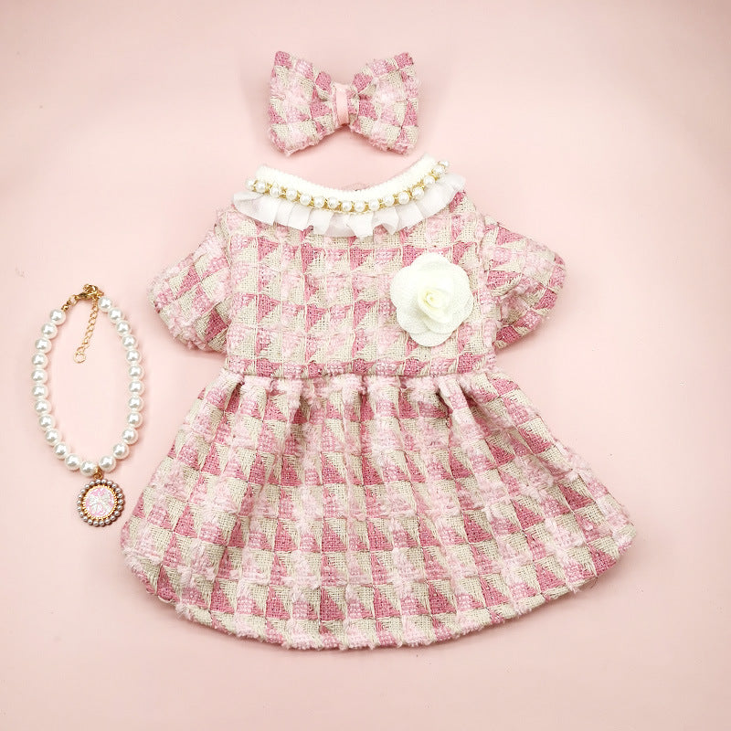 Plaid Pearl Bow Dog Cat Dress&Collar Set