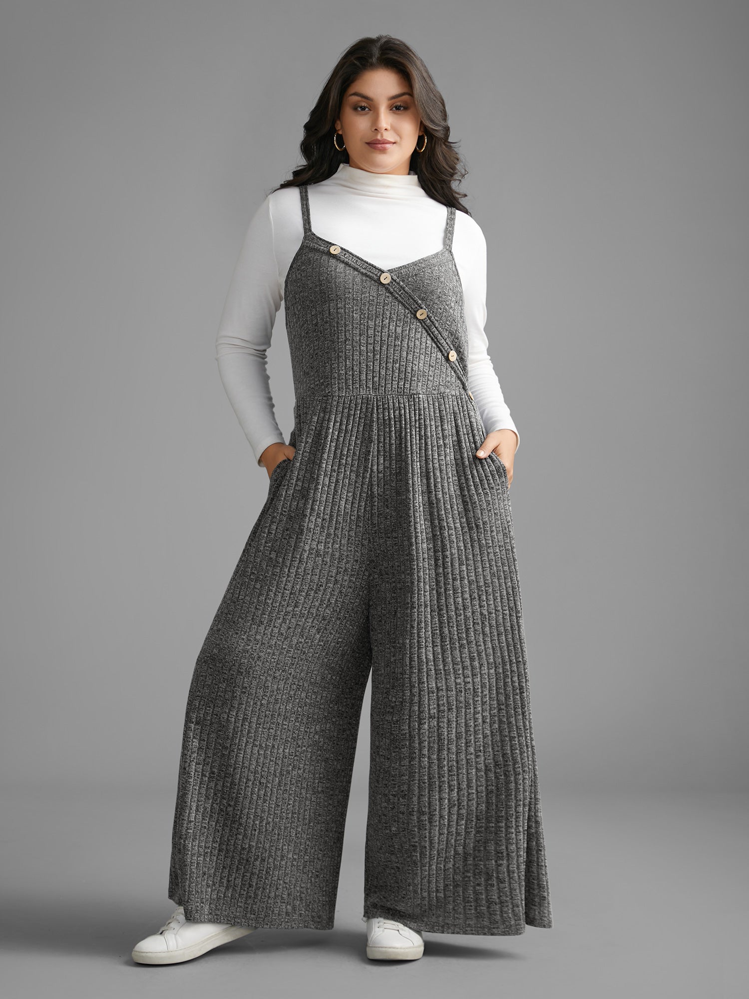 Plain Rib Knit Button Detail Jumpsuit