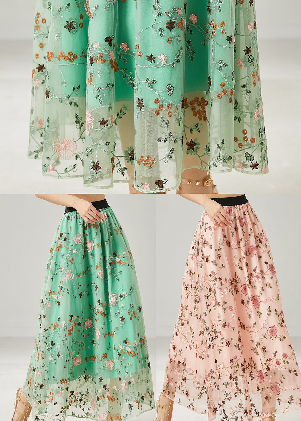Green Embroidered Tulle Skirts Summer