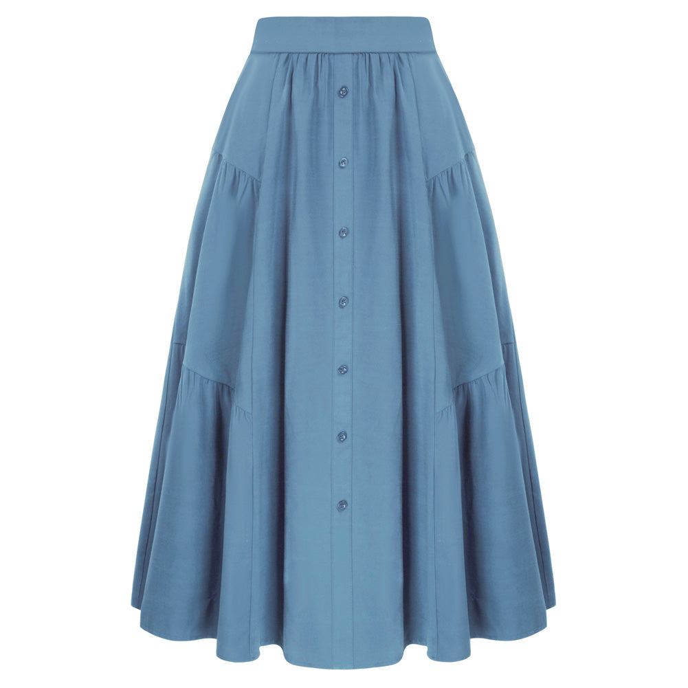 Solid Color Tiered Swing Skirt High Waist Button Decorated A-Line Skirt