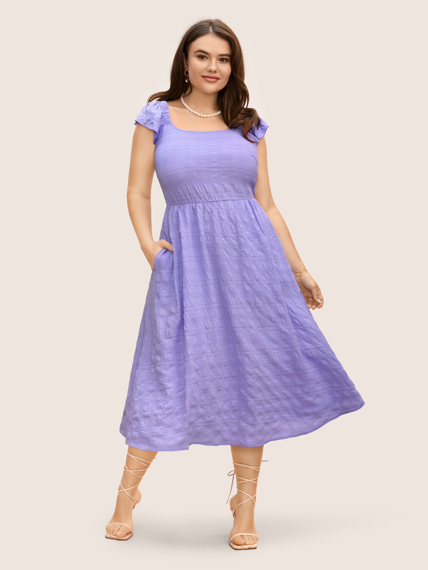 Texture Back Tie Knot Cap Sleeve Dress