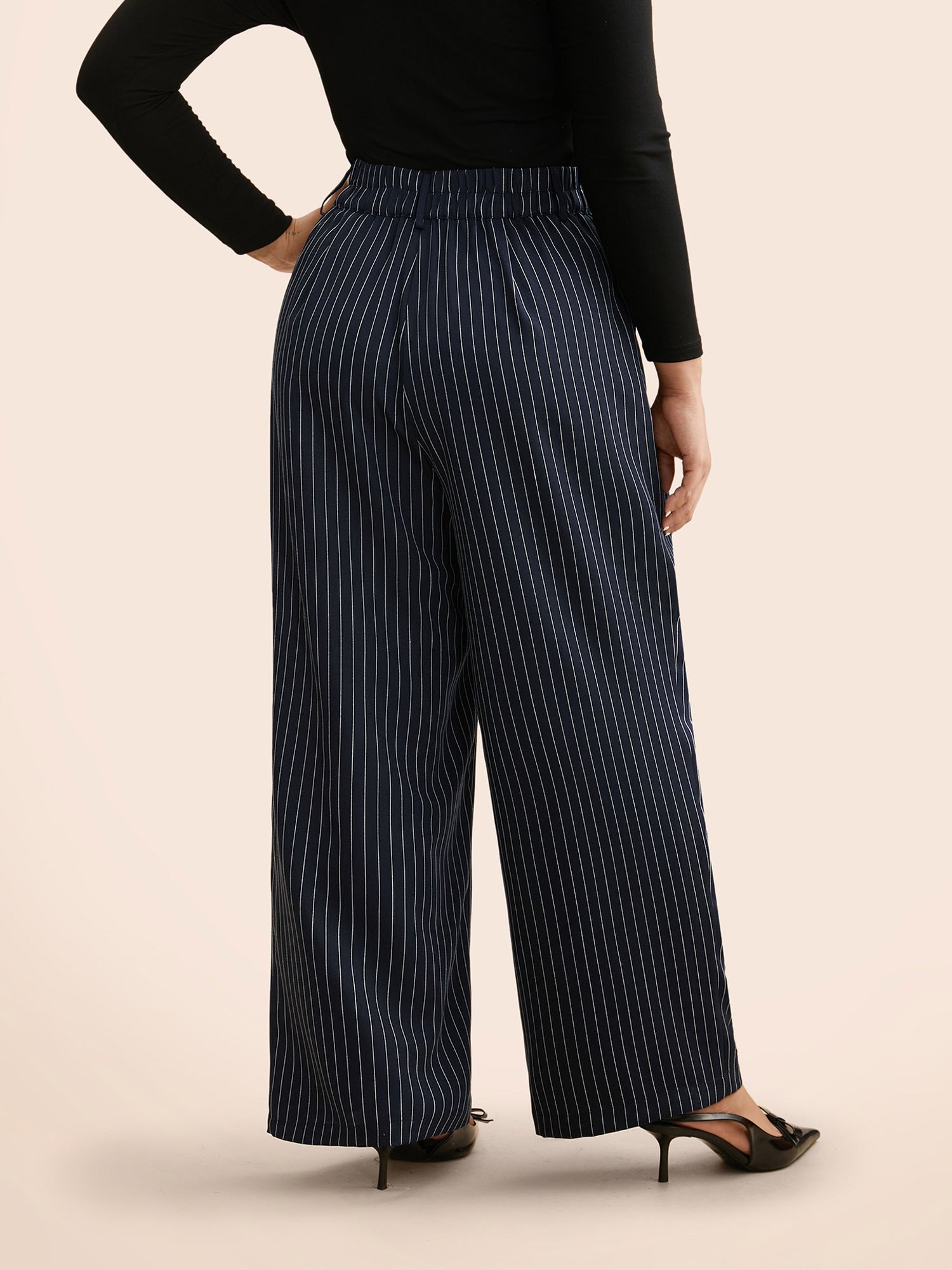 Striped Button Detail Mid Rise Wide Leg Pants
