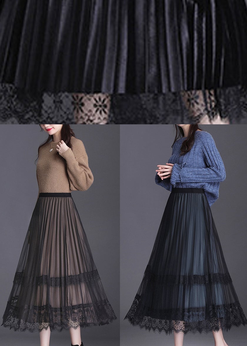 Black Lace Patchwork Pleated Wear on both sides Fall Skirt