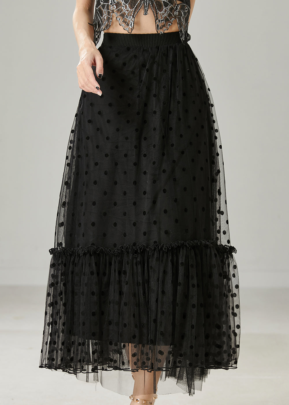 Black Patchwork Tulle Skirt Ruffled Print Summer