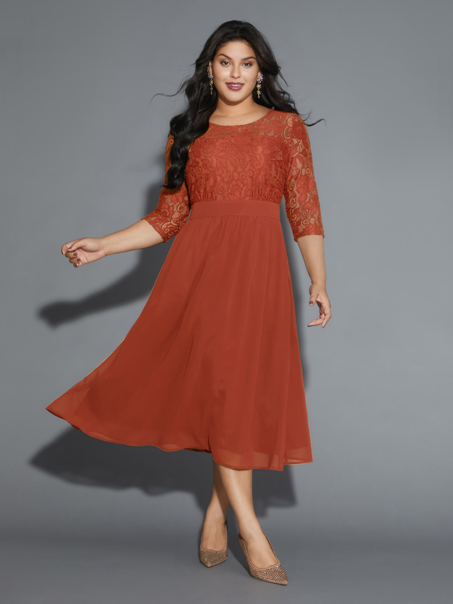 Lace Patchwork Shirred Midi Pocket Dress