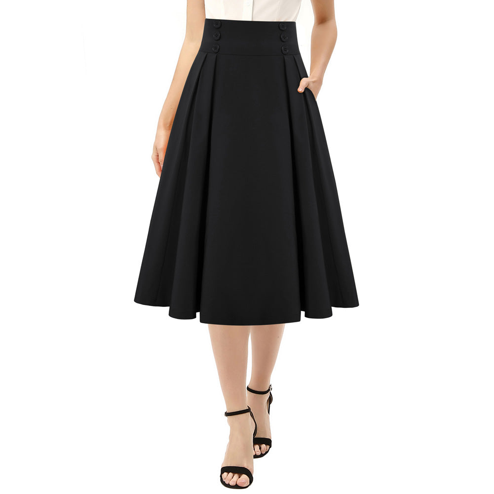 Cherry Patterns Pleated Buttons Decorated Elastic Waist High Waist Swing A-Line Skirt with Pockets