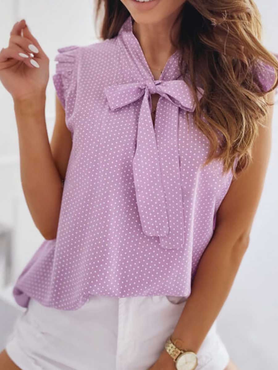 Polka Dot Bow Neck Sleeveless Blouse Top