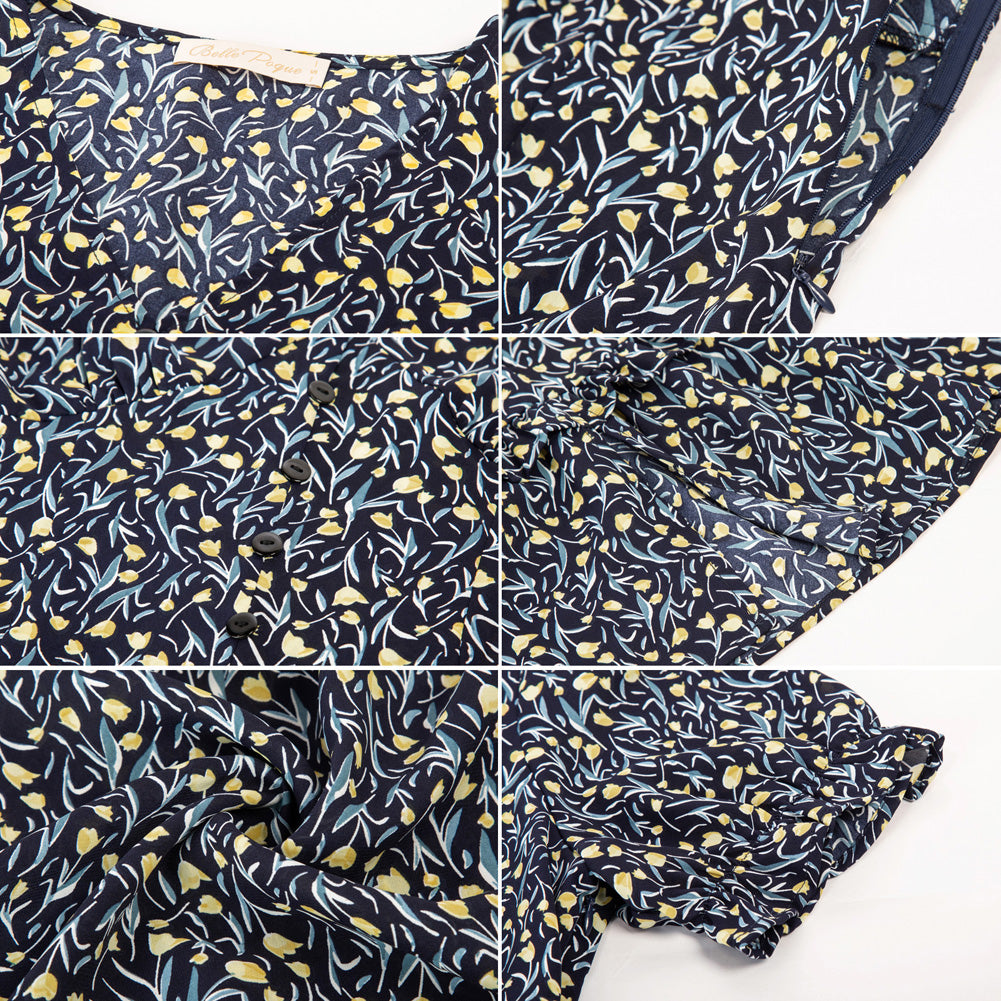 Vintage Floral Dress Short Sleeve V-Neck Front Slit A-Line Dress