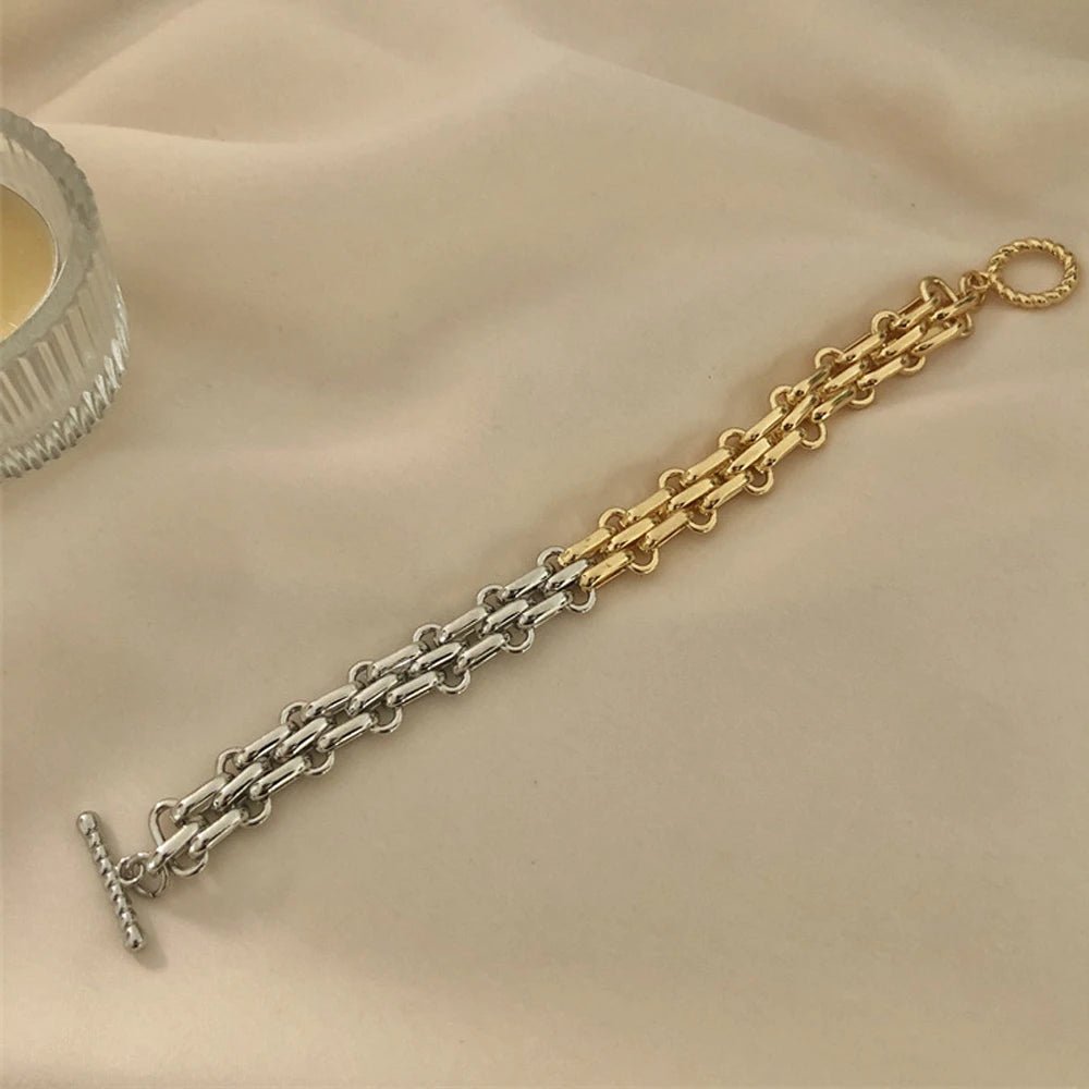 Chunky Two Tone Textured Circle Clasp Bracelet
