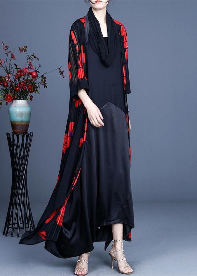 Simple Red Floral Summer Silk Long Loose Jacket