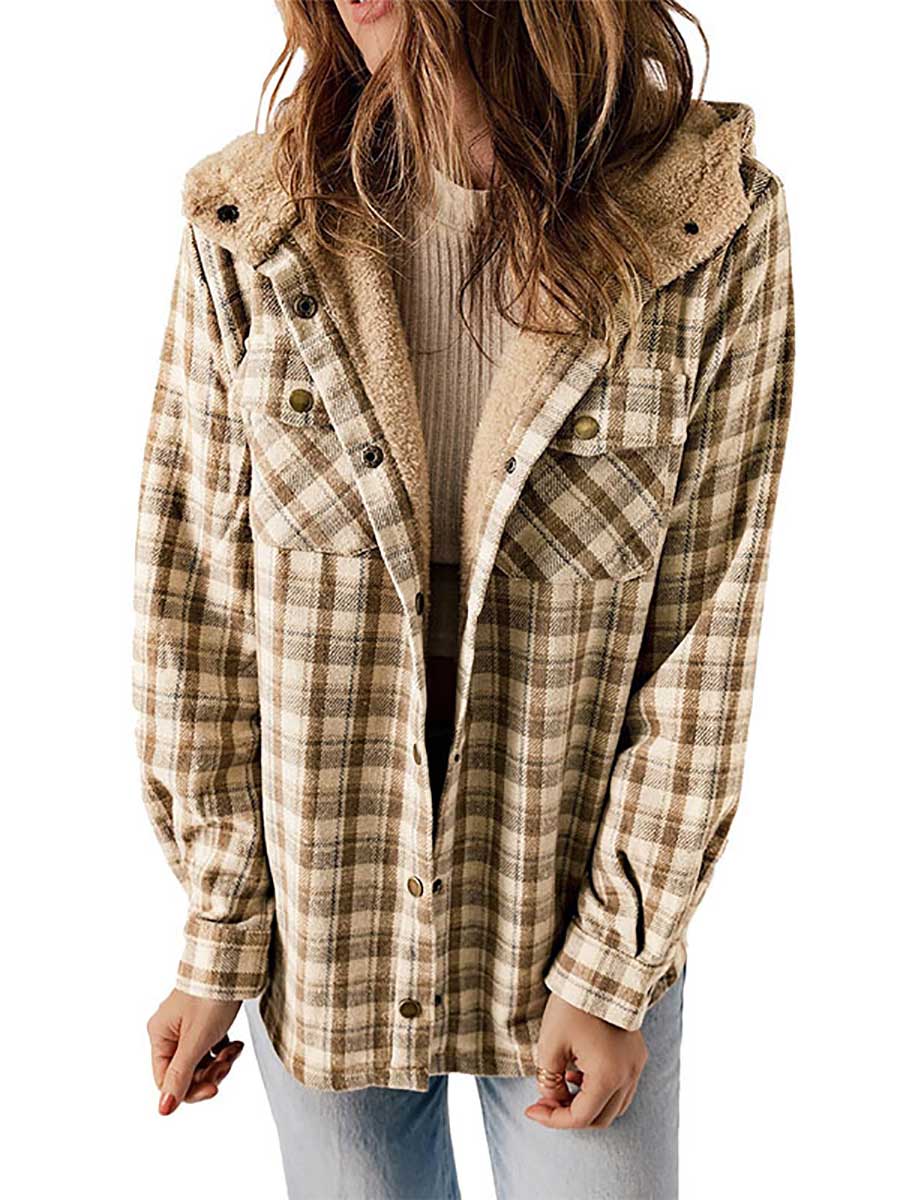 Plaid Long Sleeve Shirt Hooded Thickened Jacket