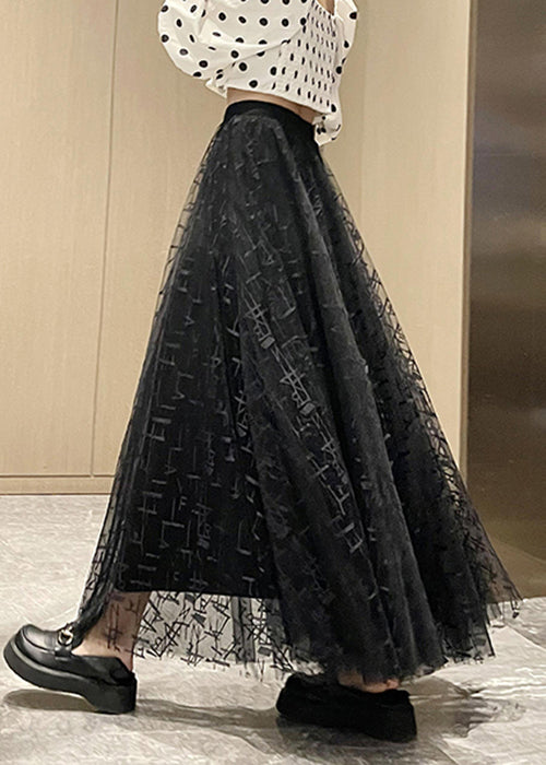 Black Graphic Elastic Waist Tulle Skirts Summer