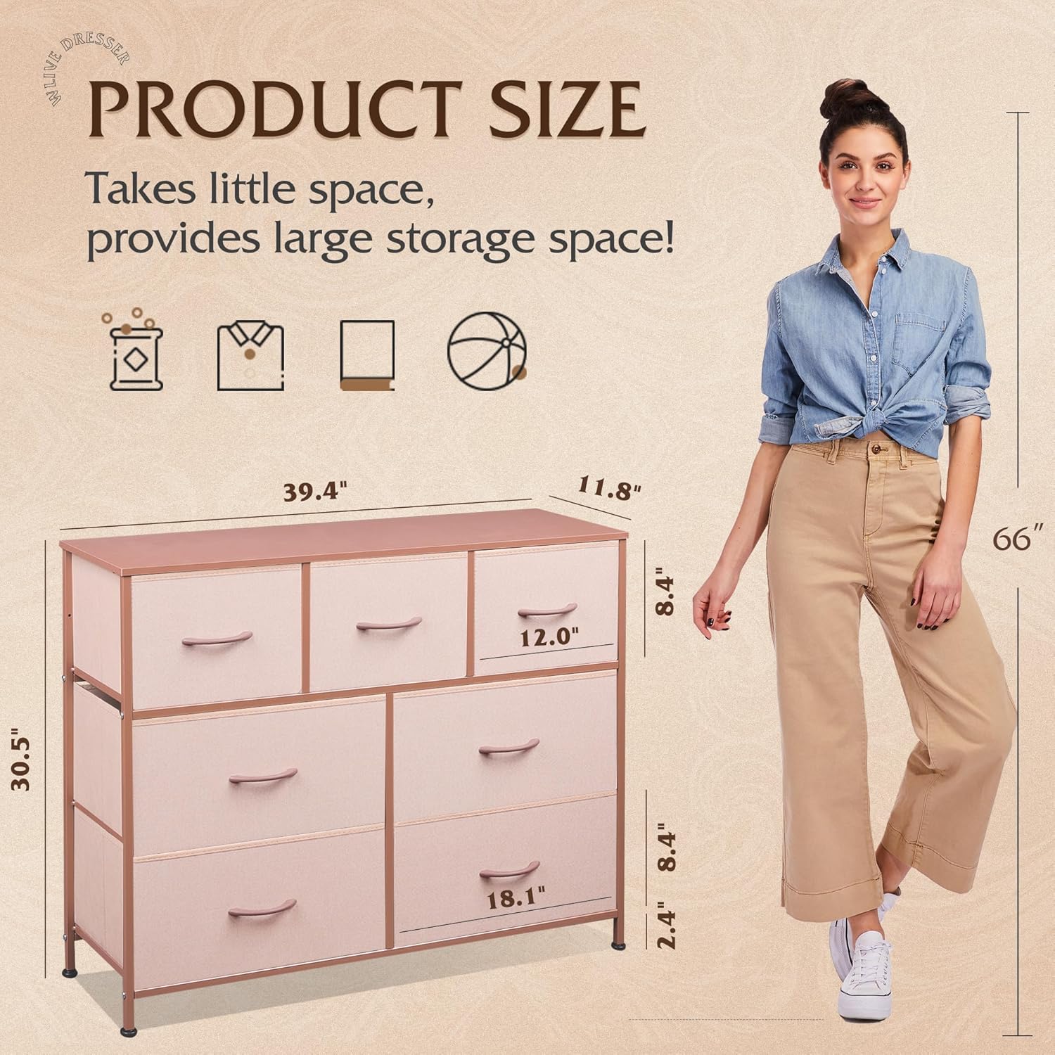 WLIVE 7 Drawer Dresser TV Stand, Dressers for Bedroom, Fabric Storage Tower