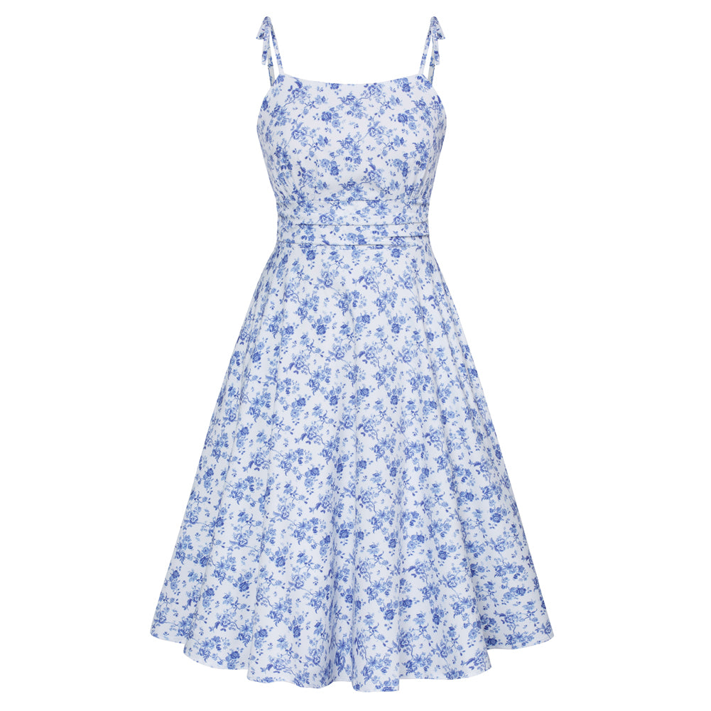 Vintage Floral Pattern Slip Dress Spaghetti Straps Ruched Bodice Below Knee Dress