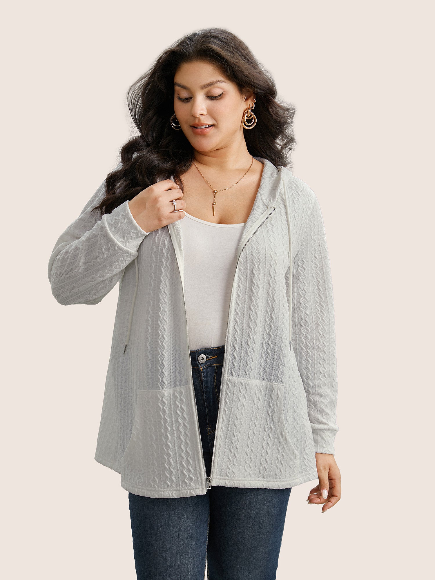 Plain Textured Zipper Hooded Sweatshirt