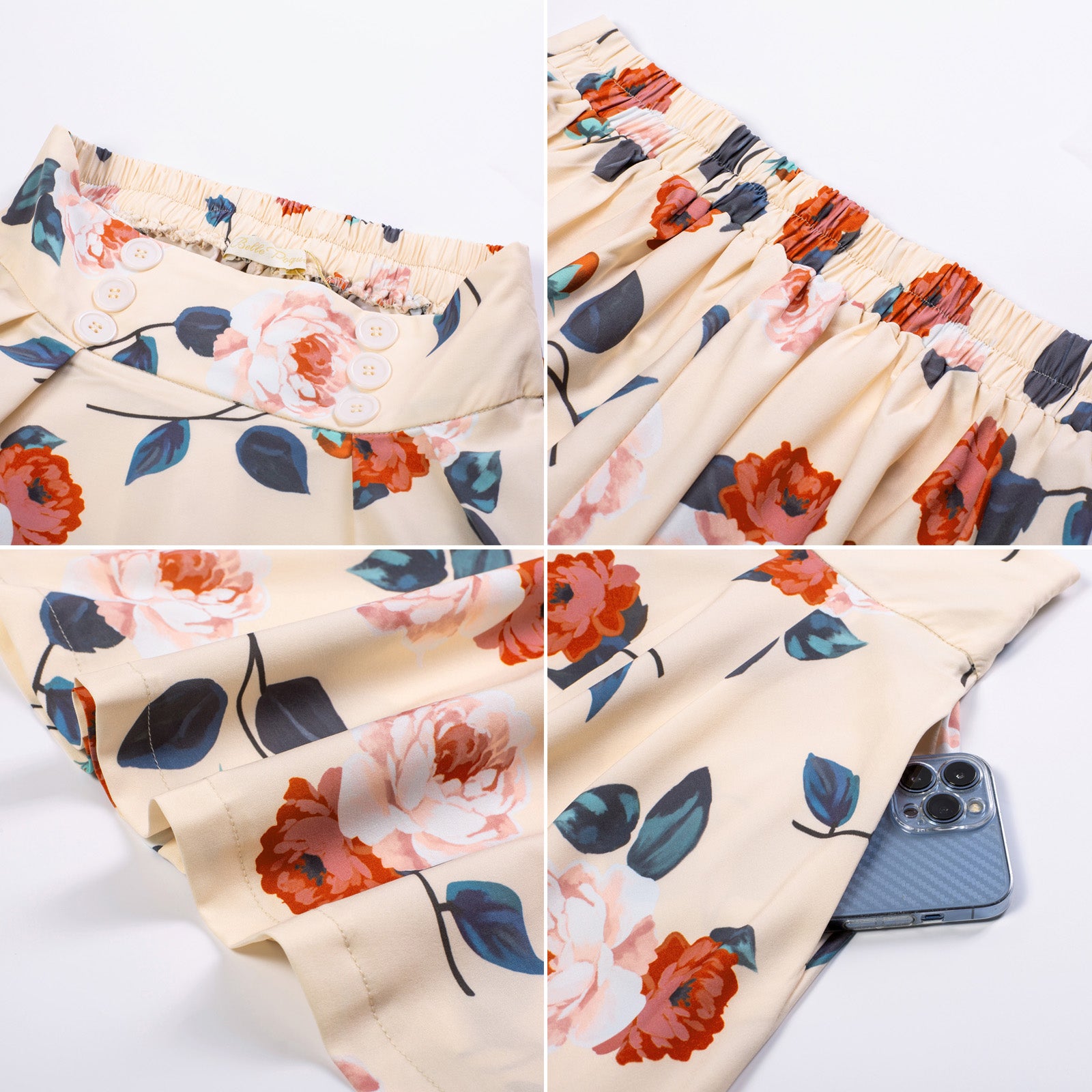Buttons Decorated Elastic Waist High Waist Floral Printed Swing A-Line Skirt