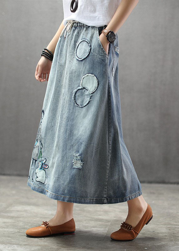 Casual Light Blue Elastic Waist Patchwork Cartoon Embroidered Tulle Denim Skirts Spring