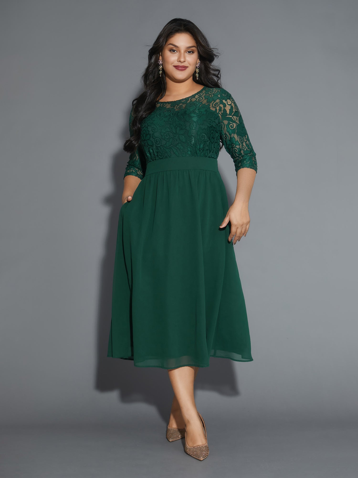Lace Patchwork Shirred Midi Pocket Dress