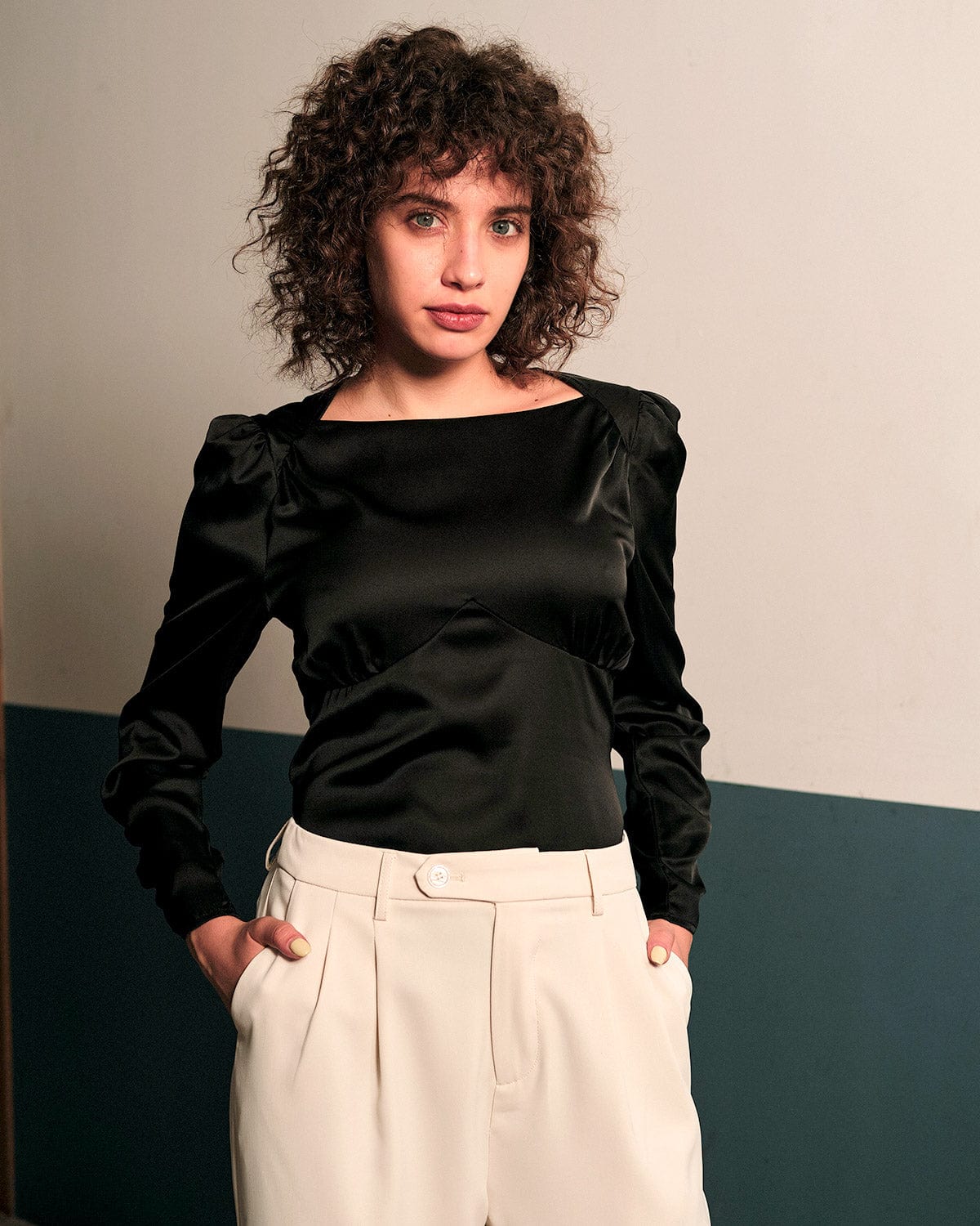 The Solid Puff Sleeve Tie-back Satin Blouse