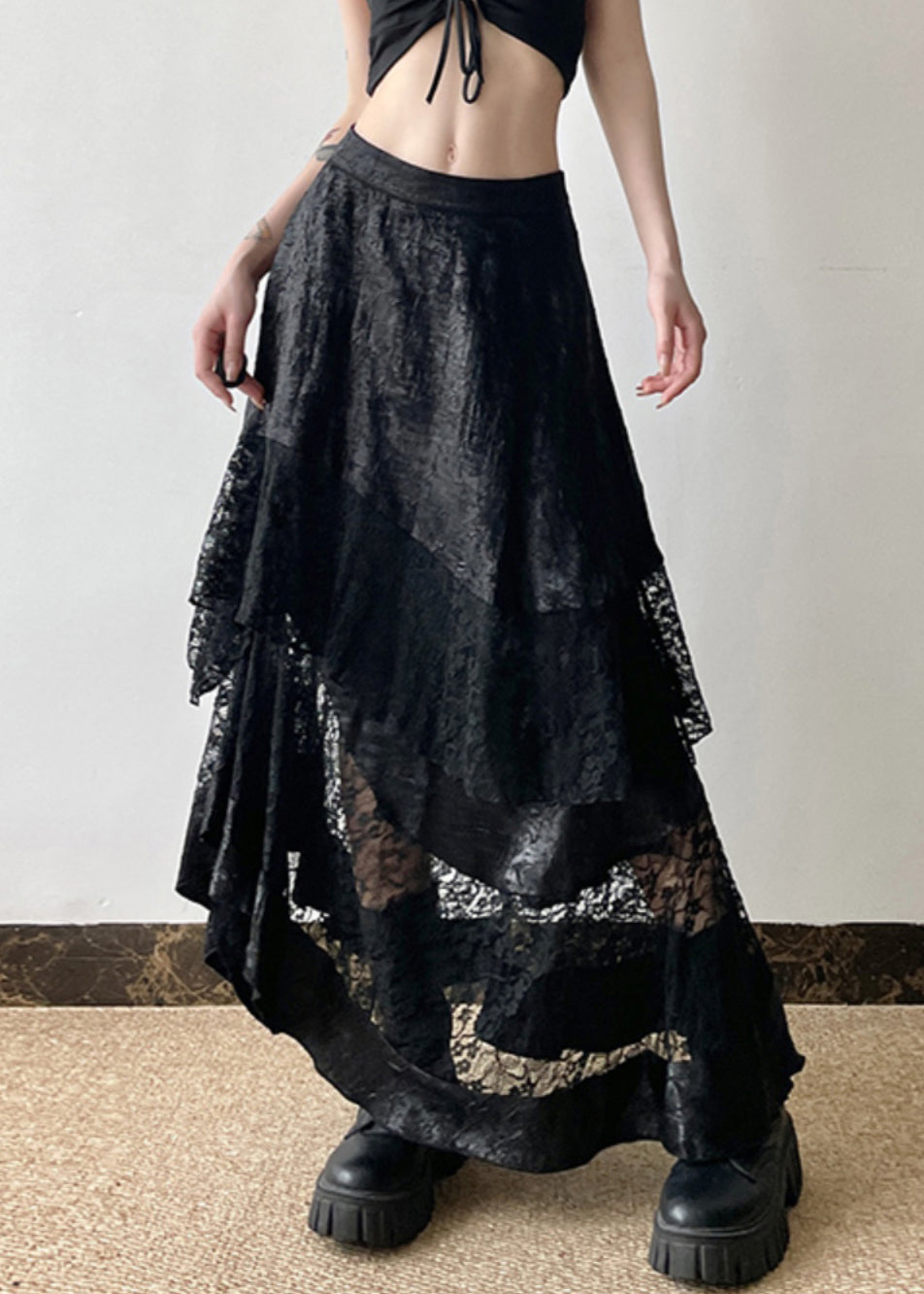 Black High Waist Patchwork Lace Skirts Summer