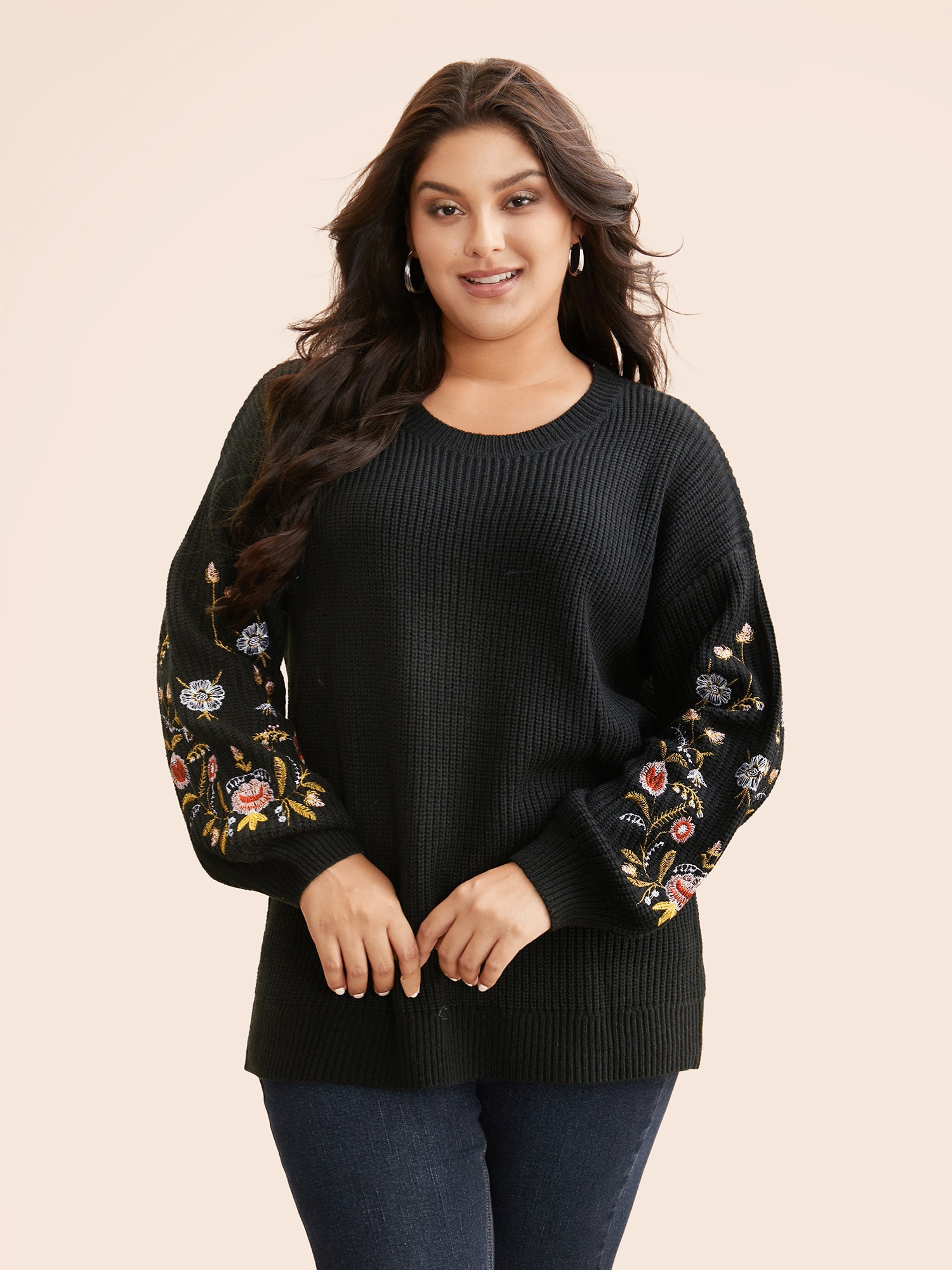 Floral Embroidered Drop Shoulder Sleeve Pullover